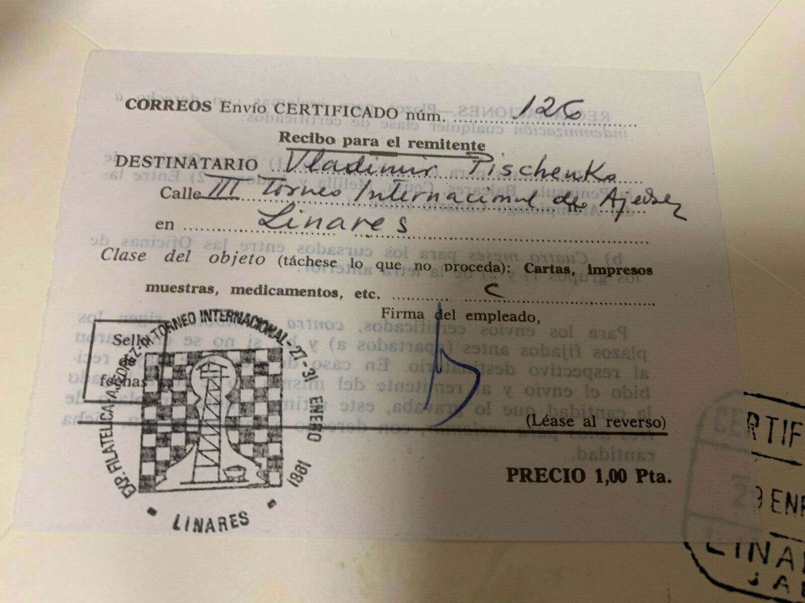 11152.Chess Envelope & Certificate to Pischenko signed by Toran, Sanchez. Linares 1981