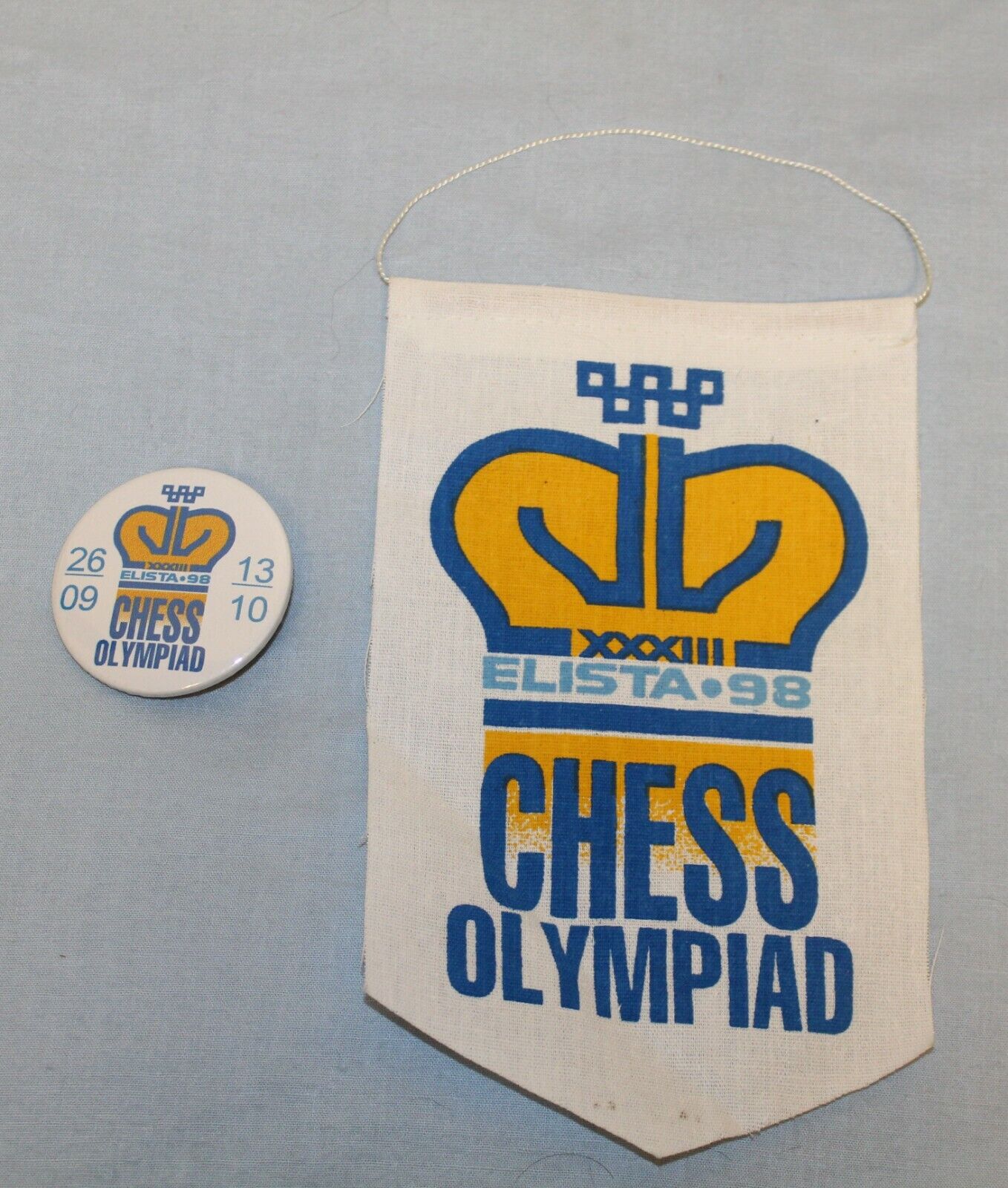 11222.Chess Set: pennant and pin of  3 Chess Olympiad in Elista 1998